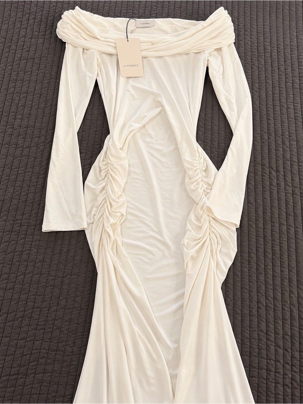 Off-Shoulder Ruched Ivory Maxi Dress - Picture 2 of 7